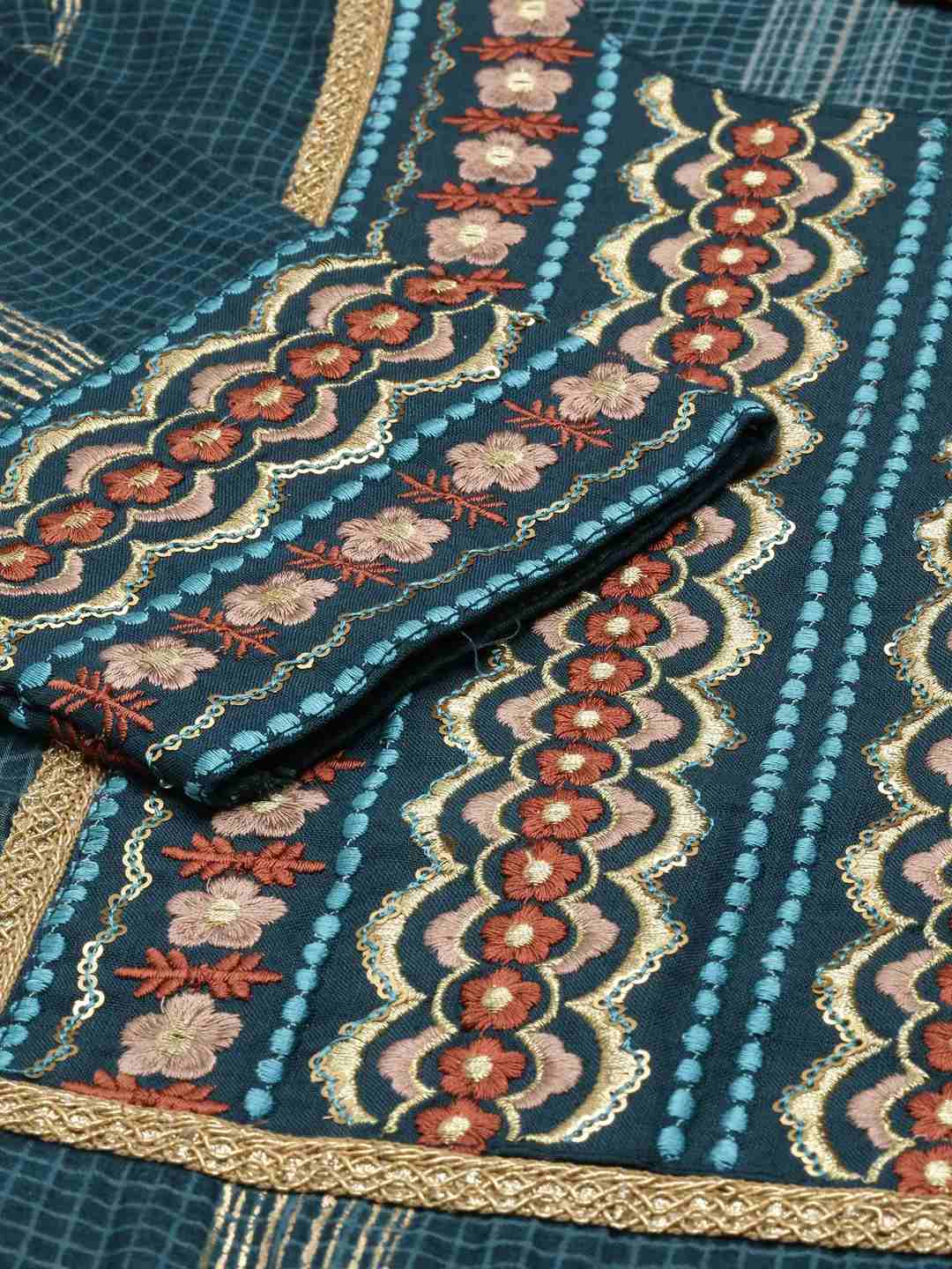 Women's Blue Cotton Blend Checked Comfort Fit Kurta Sets