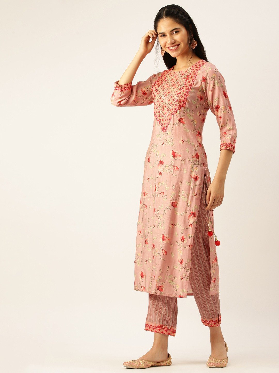 SHOWOFF Women Mauve Printed Round Neck Three-Quarter Sleeves Mid Length Straight Kurta Set
