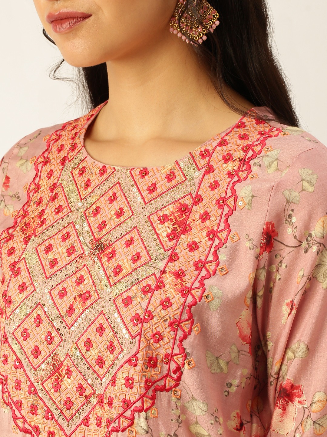 SHOWOFF Women Mauve Printed Round Neck Three-Quarter Sleeves Mid Length Straight Kurta Set