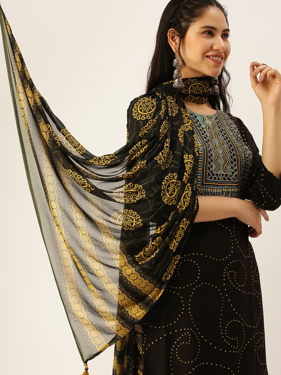 Women's Black Cotton Blend Embroidered Comfort Fit Kurta Sets