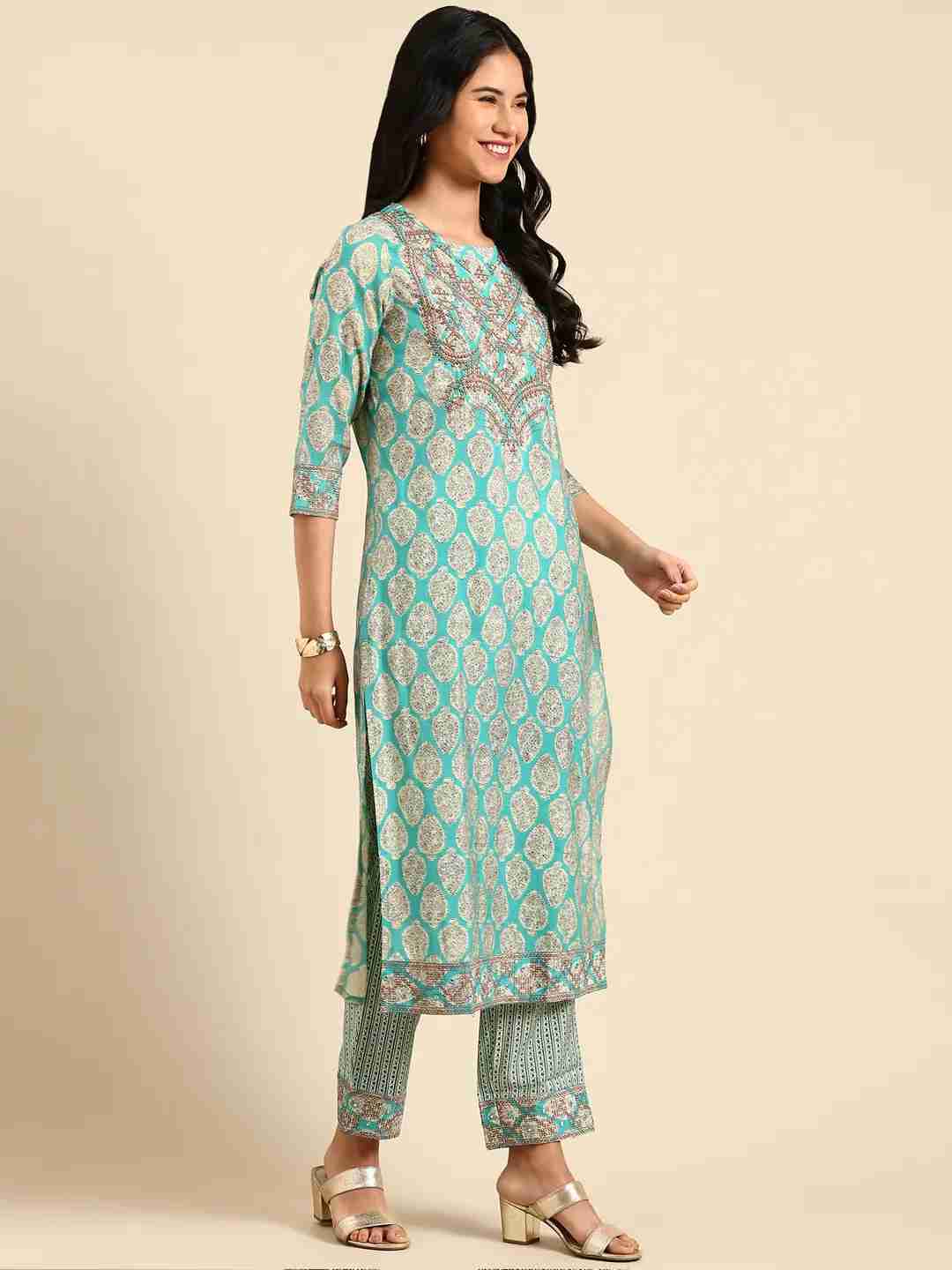 SHOWOFF Women Turquoise Blue Printed Scoop Neck Three-Quarter Sleeves Mid Length Straight Kurta Set
