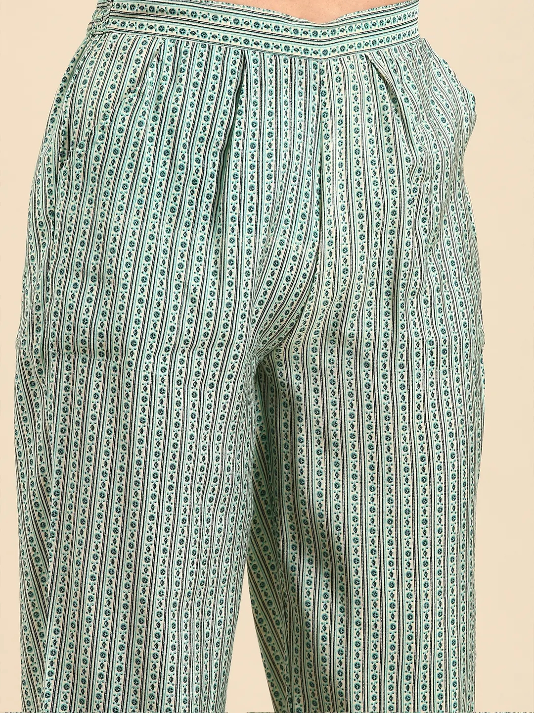 SHOWOFF Women Turquoise Blue Printed Scoop Neck Three-Quarter Sleeves Mid Length Straight Kurta Set