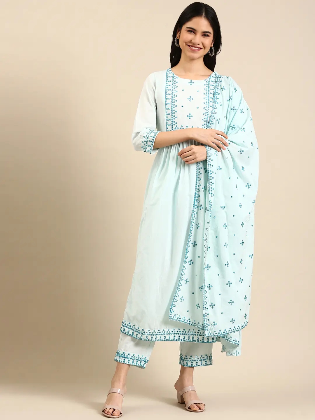 Women's Blue Chanderi Solid Comfort Fit Kurta Sets