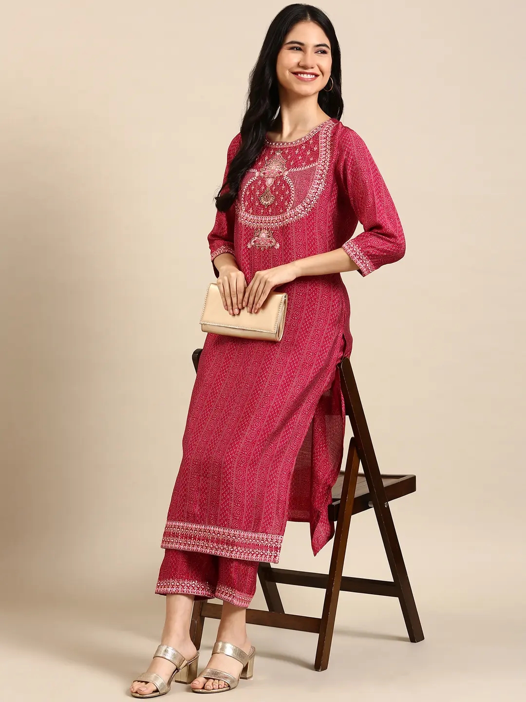 Women's Pink Chanderi Printed Comfort Fit Kurta Sets