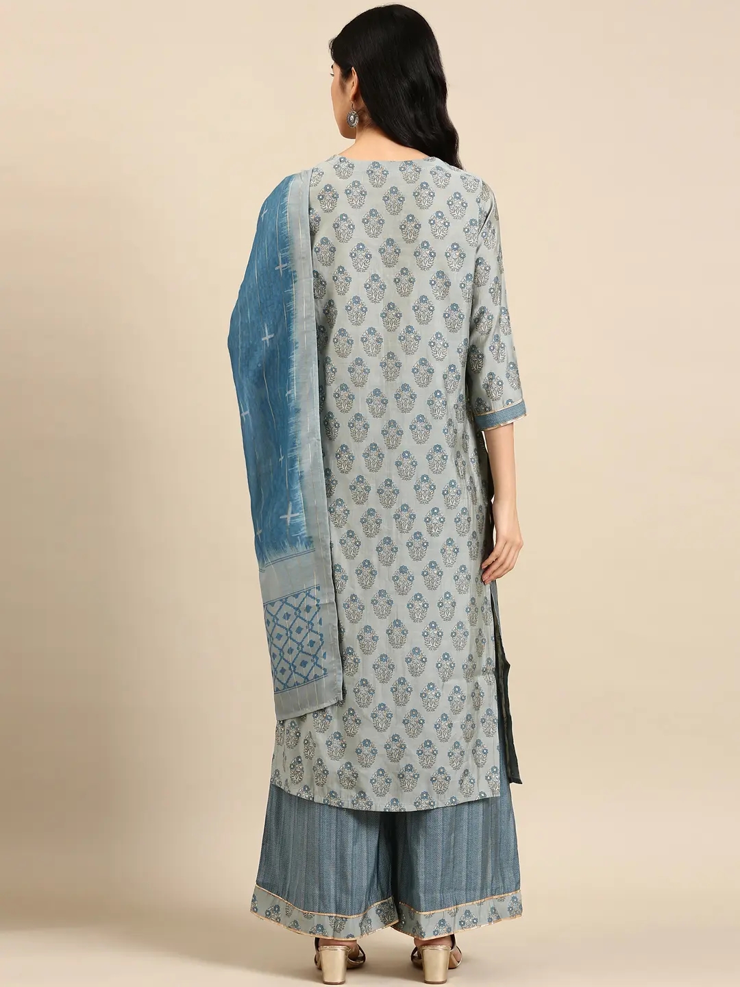 Women's Blue Chanderi Floral Comfort Fit Kurta Sets