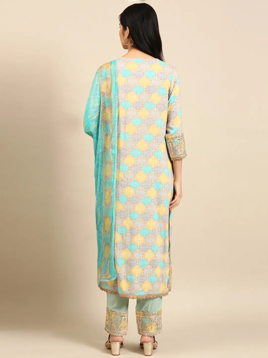 Women's Blue Chanderi Colourblock Comfort Fit Kurta Sets