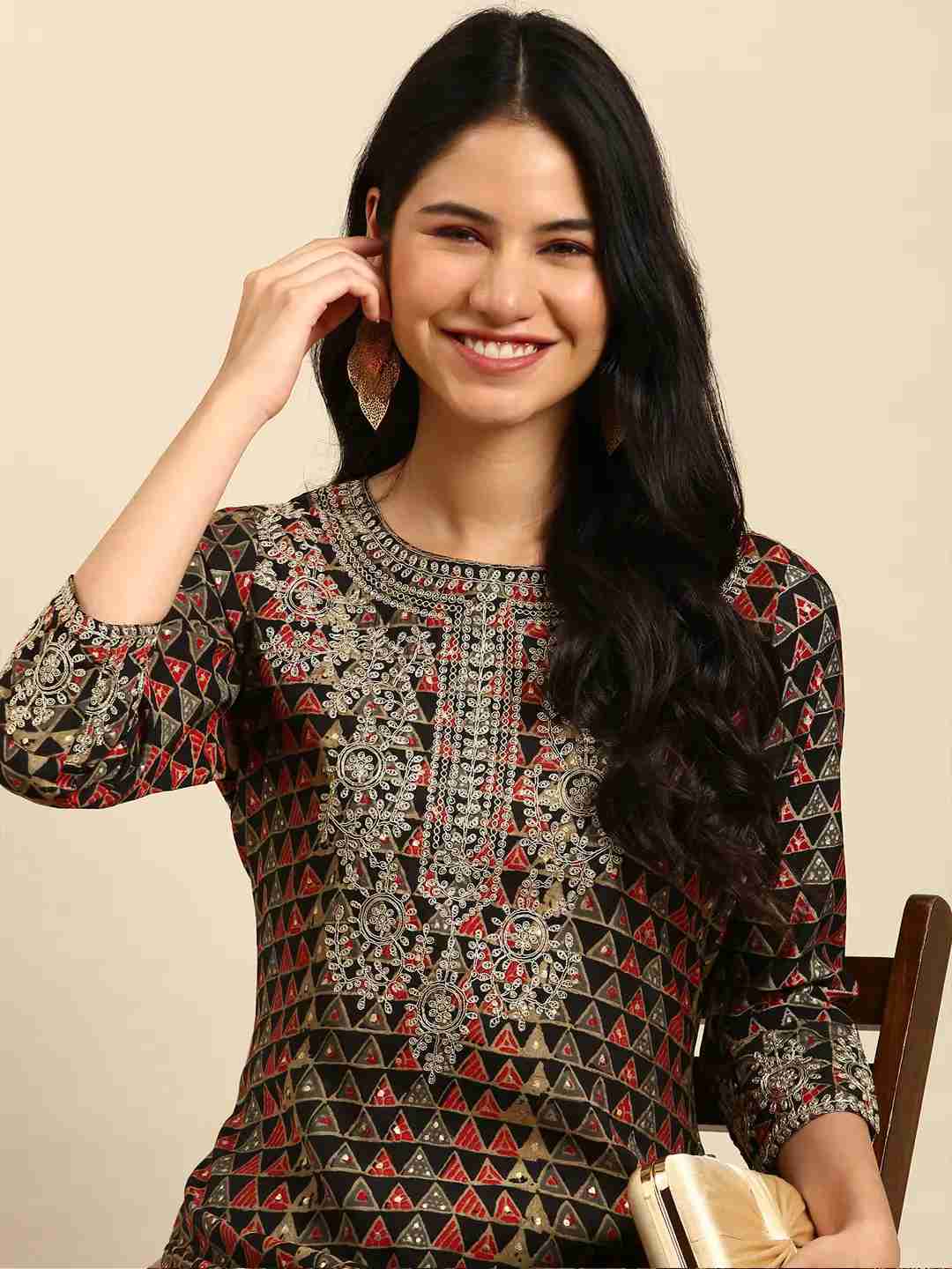 Women's Black Silk Printed Comfort Fit Kurtas