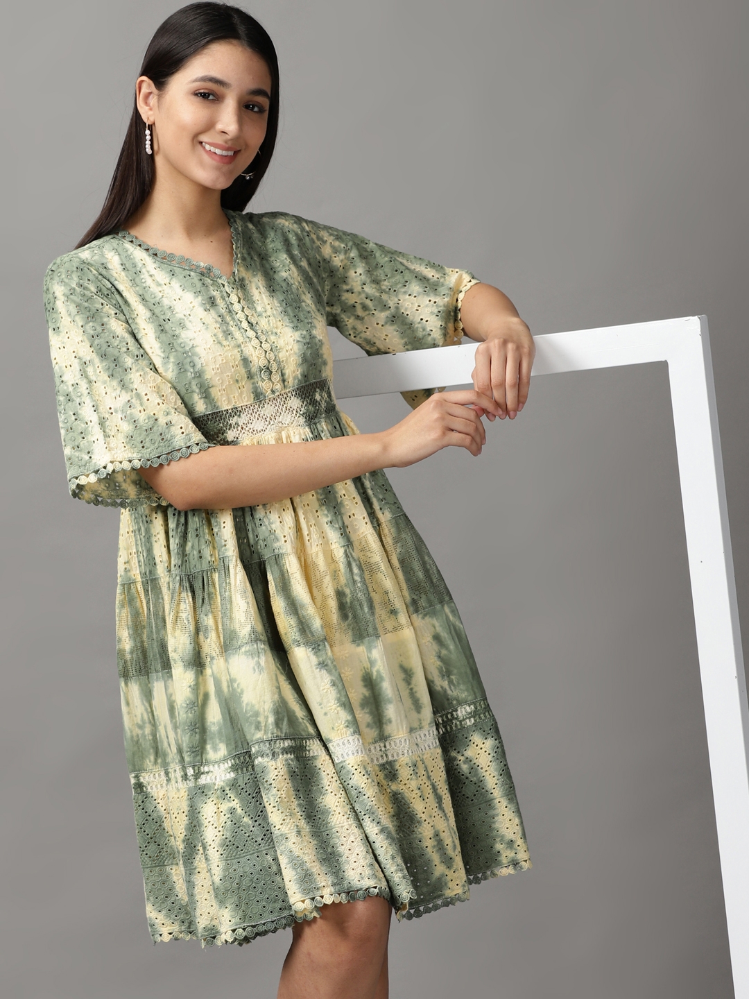 Women's Green Cotton Tie Dye Dresses