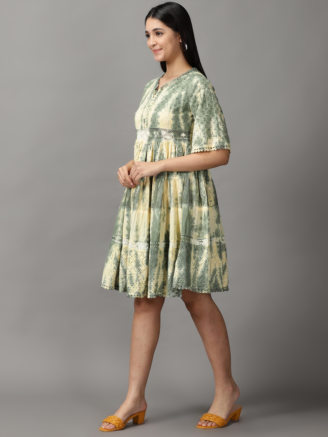 SHOWOFF Women Olive Tie and Dye V Neck Short Sleeves Knee length Fit and Flare Dress