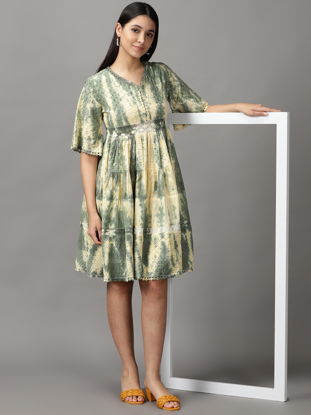 SHOWOFF Women Olive Tie and Dye V Neck Short Sleeves Knee length Fit and Flare Dress