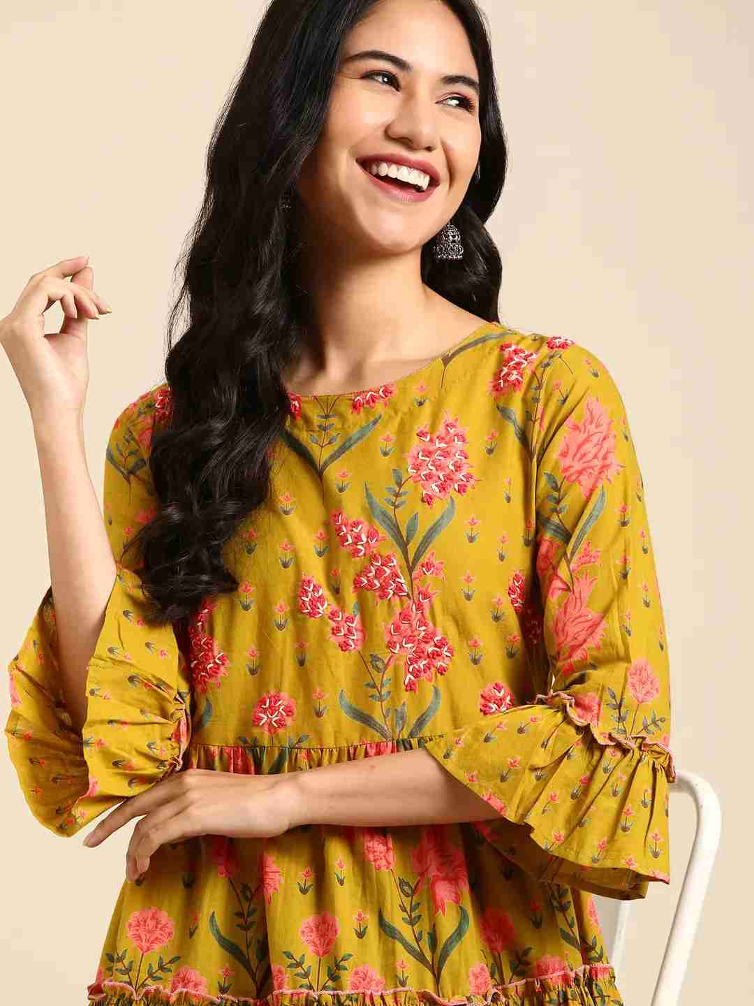 Women's Green Cotton Printed Comfort Fit Kurtas