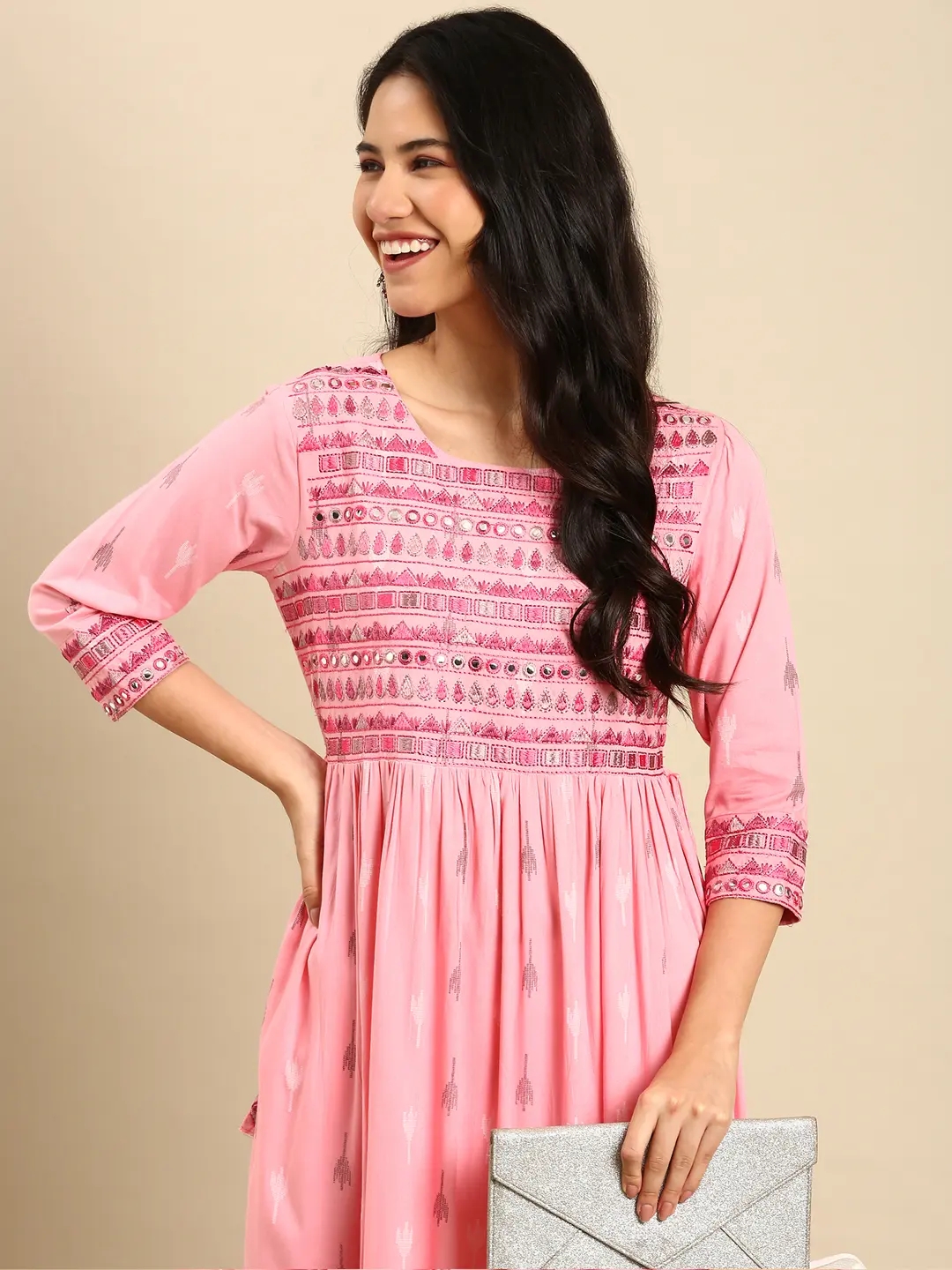 SHOWOFF Women's Round Neck Abstract Pink A-Line Kurta