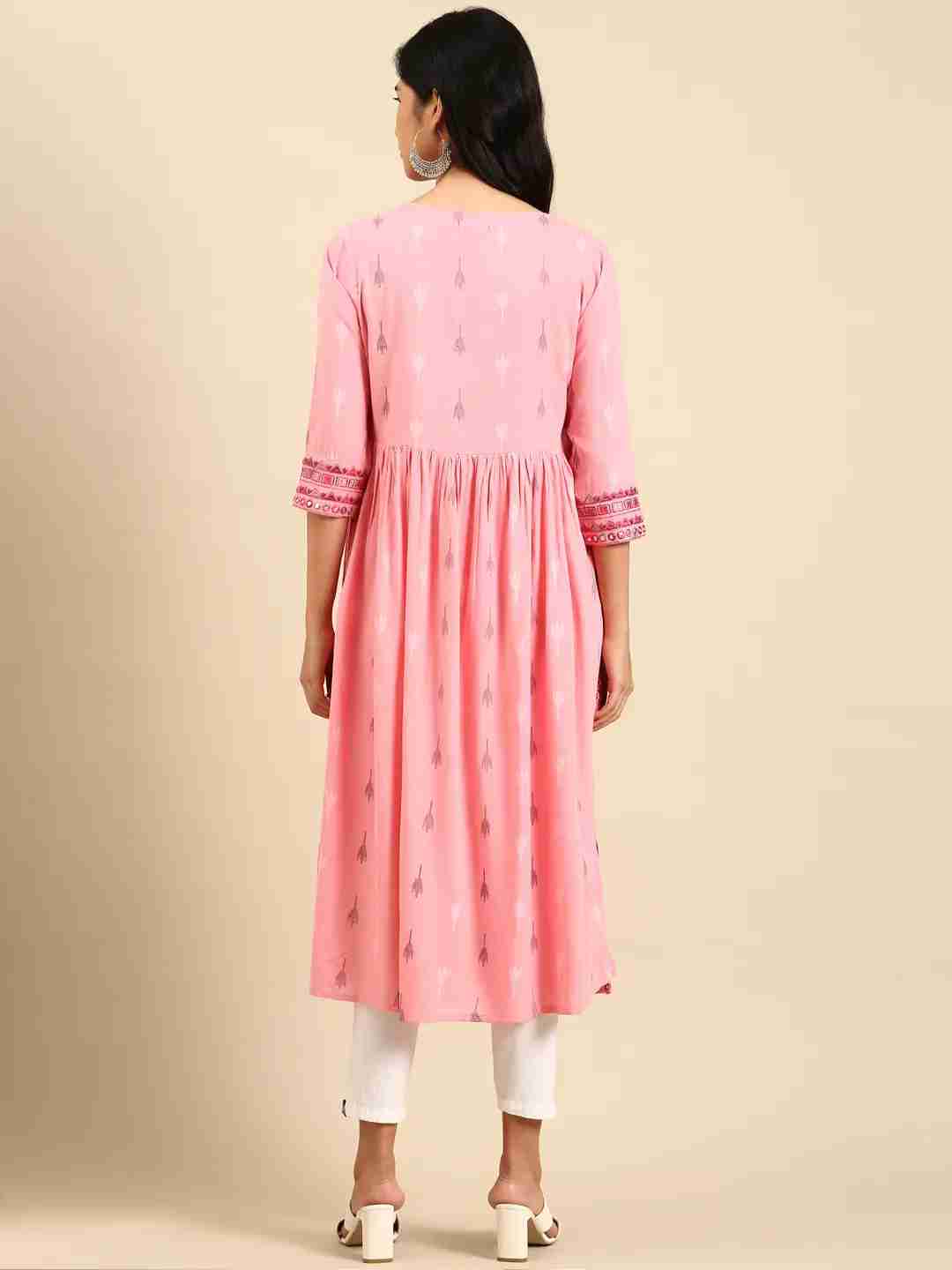 SHOWOFF Women's Round Neck Abstract Pink A-Line Kurta