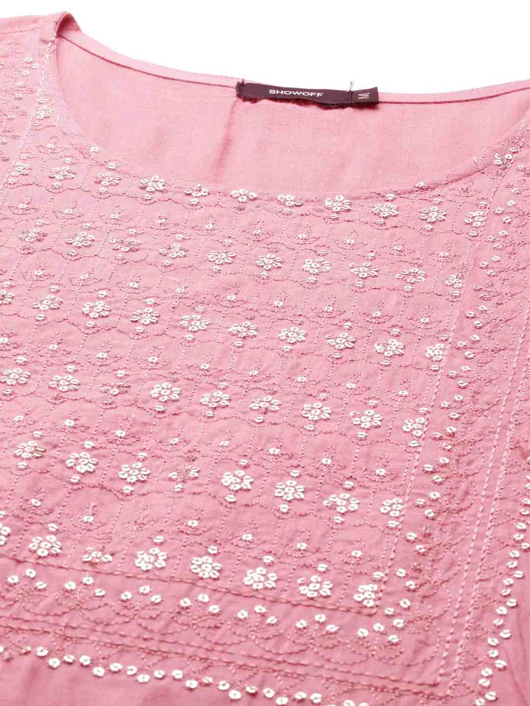 SHOWOFF Women Pink Solid Round Neck Three-Quarter Sleeves Mid Length Straight Kurta