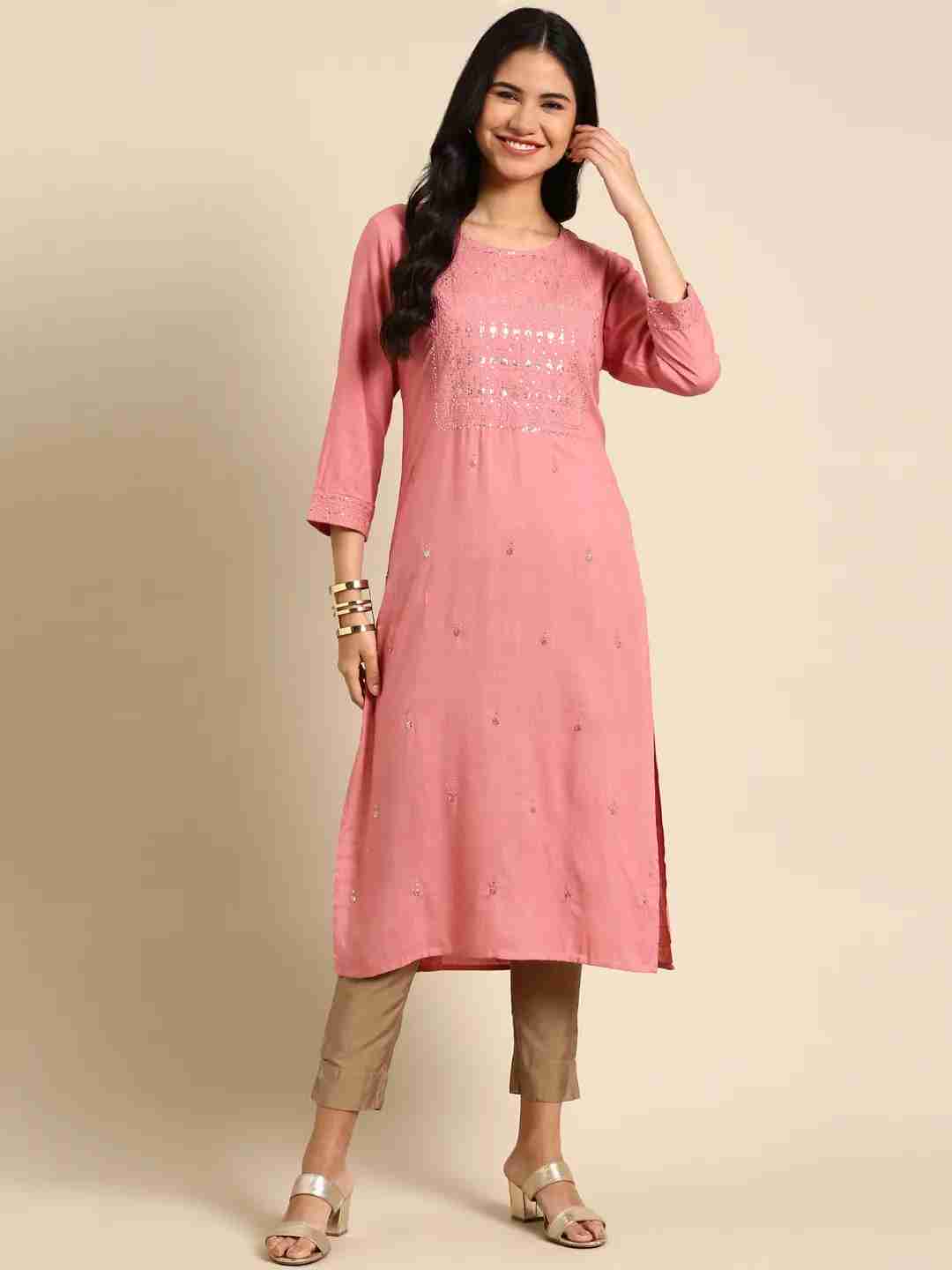 SHOWOFF Women Pink Solid Round Neck Three-Quarter Sleeves Mid Length Straight Kurta