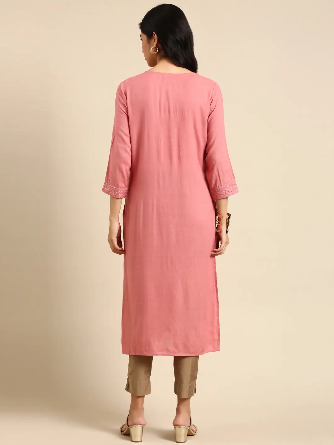 Women's Pink Silk Solid Comfort Fit Kurtas