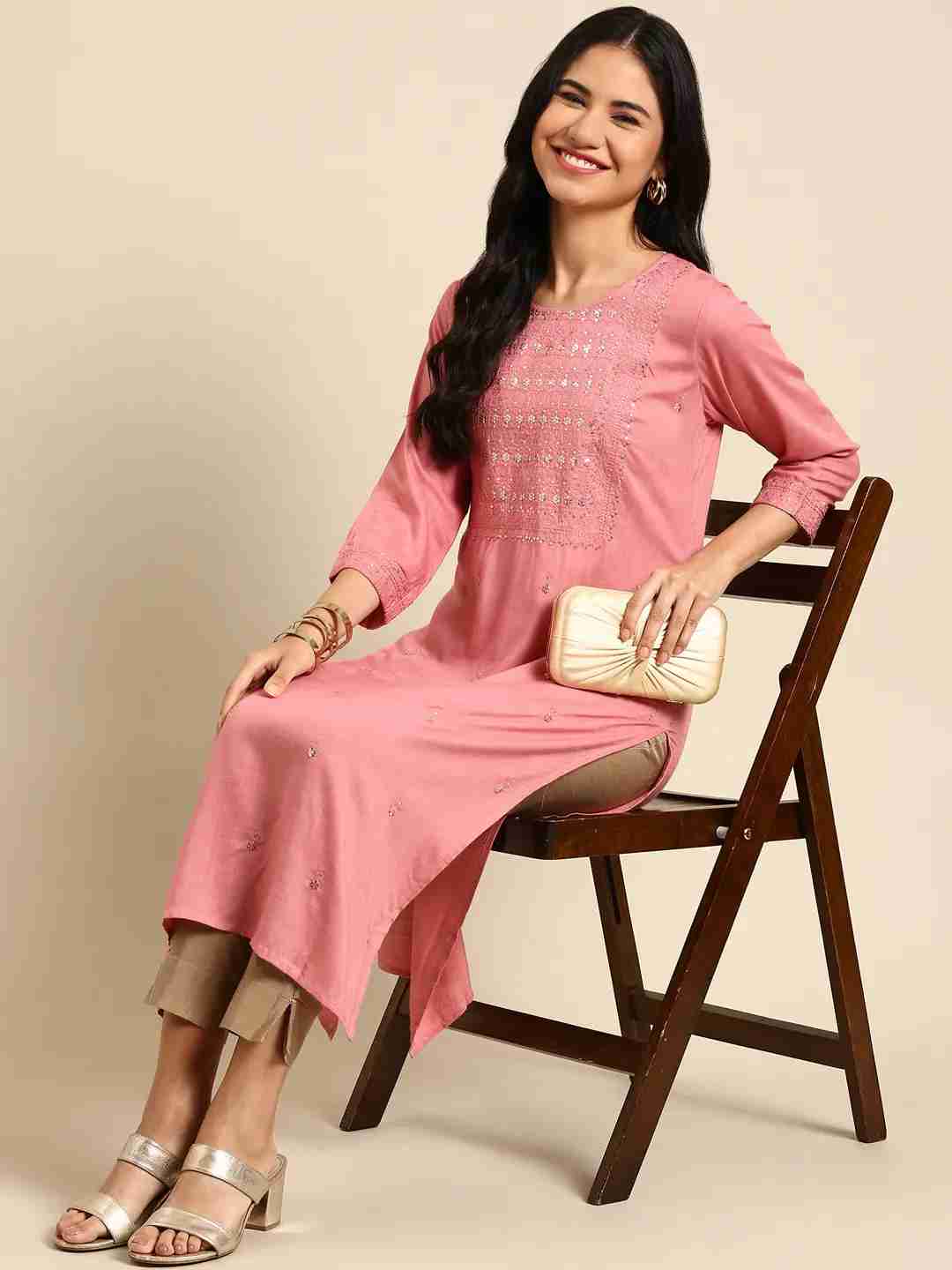 SHOWOFF Women Pink Solid Round Neck Three-Quarter Sleeves Mid Length Straight Kurta