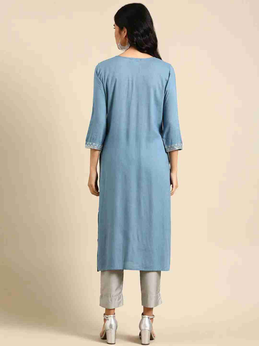 Women's Blue Viscose Rayon Solid Comfort Fit Kurtas