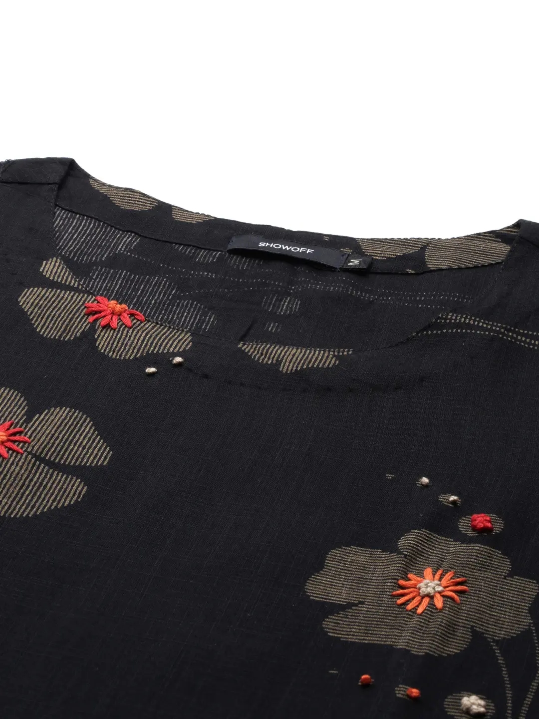 Women's Black Cotton Embroidered Comfort Fit Kurtas