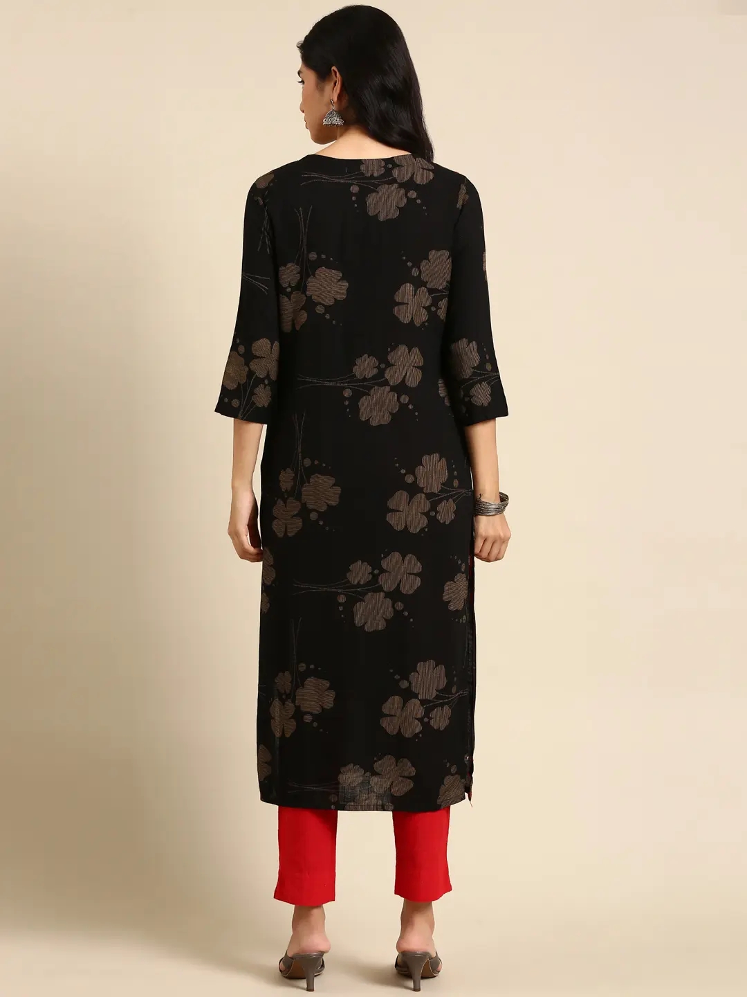 Women's Black Cotton Embroidered Comfort Fit Kurtas