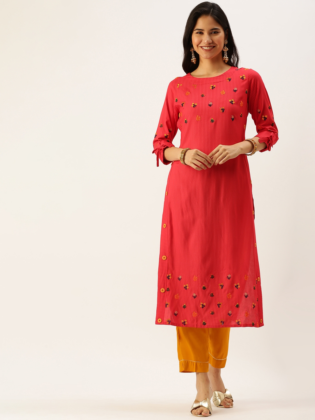 Women's Red Cotton Embroidered Comfort Fit Kurtas