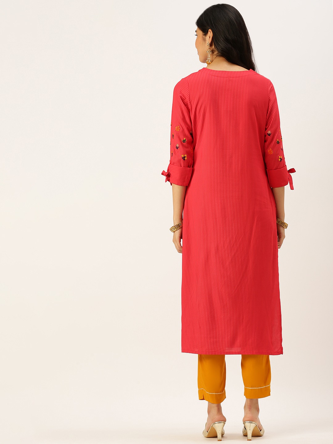 Women's Red Cotton Embroidered Comfort Fit Kurtas