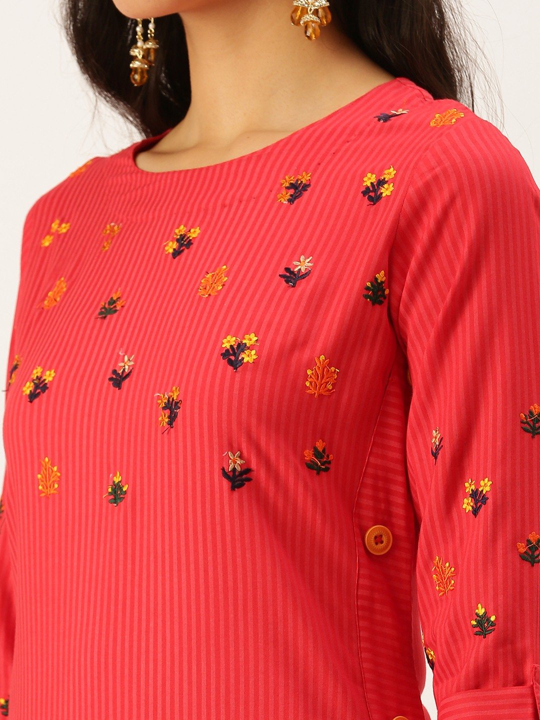 Women's Red Cotton Embroidered Comfort Fit Kurtas