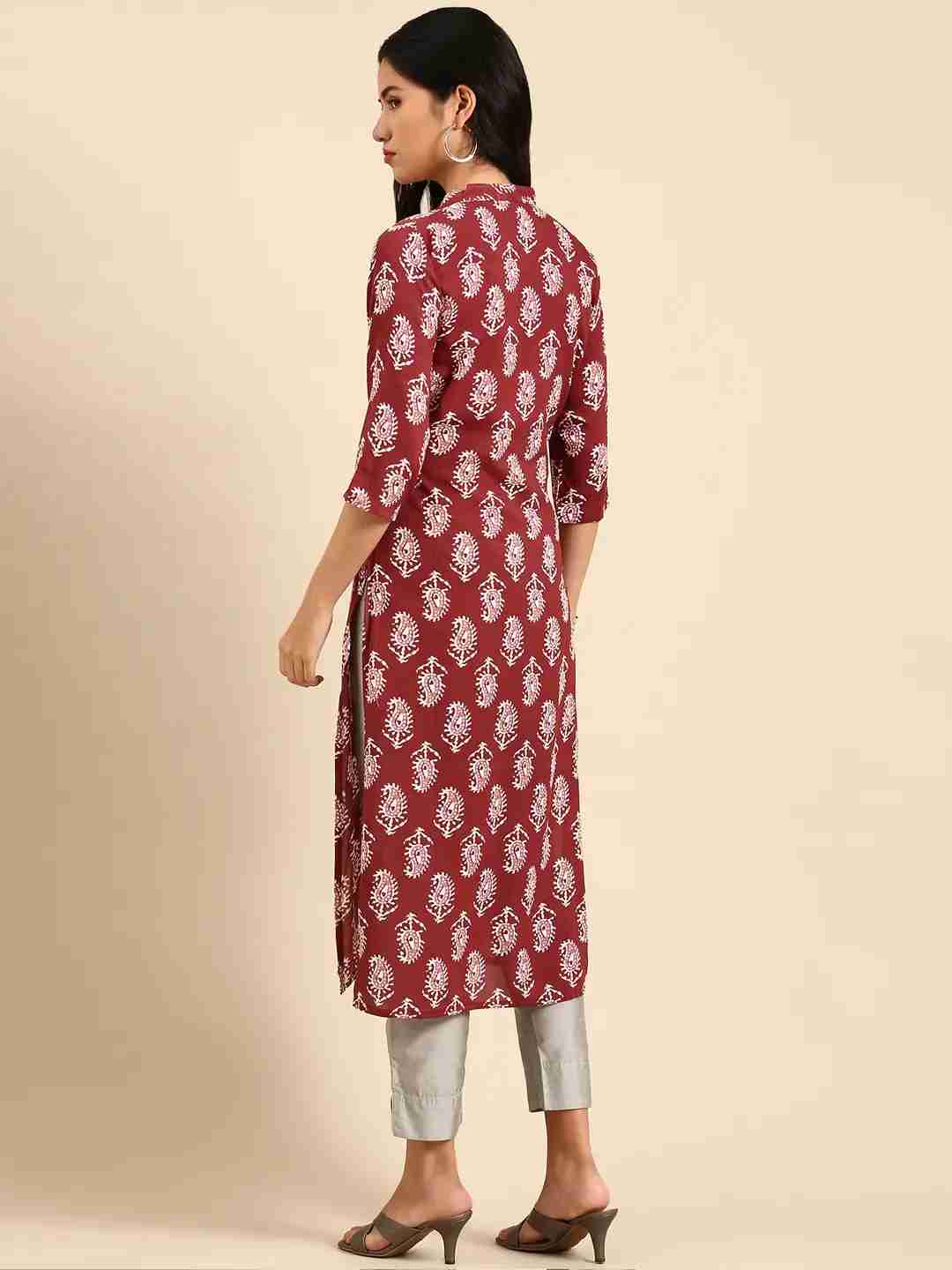 Women's Red Chanderi Printed Comfort Fit Kurtas