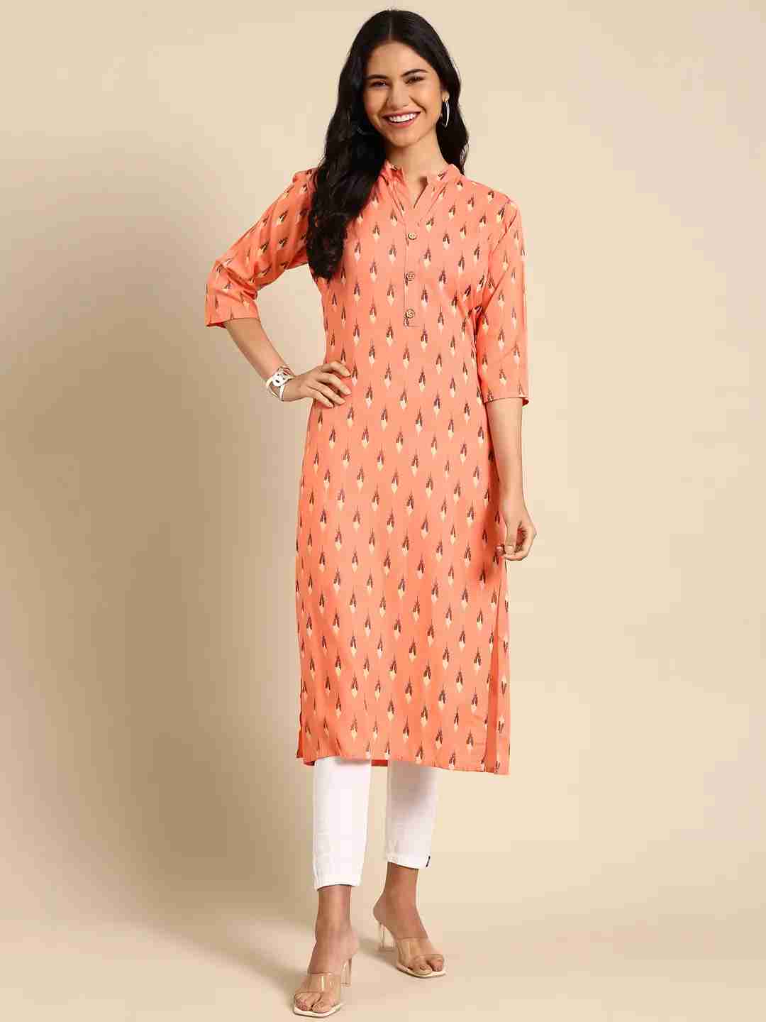 Women's Pink Viscose Rayon Printed Comfort Fit Kurtas