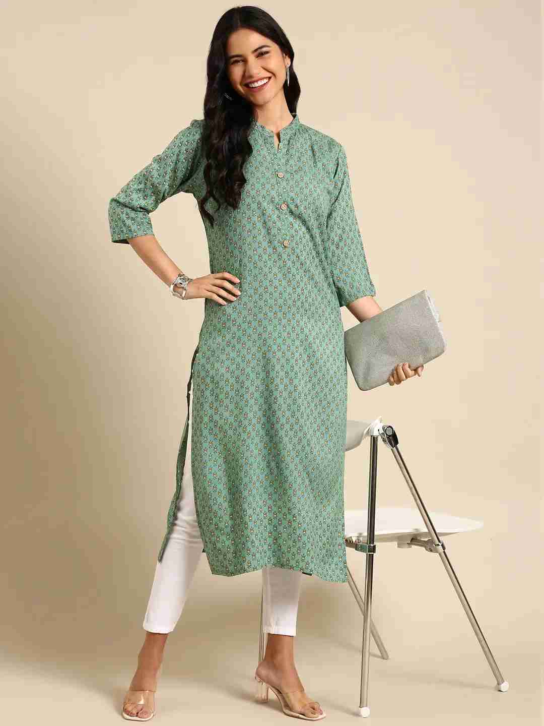 Women's Green Chanderi Printed Comfort Fit Kurtas