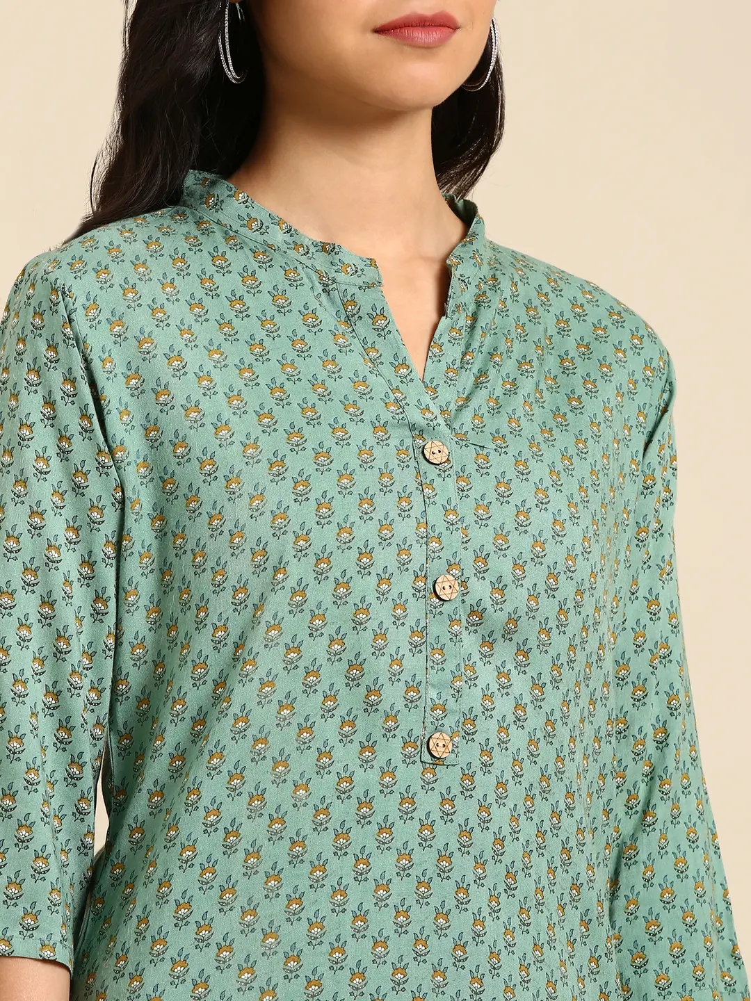 Women's Green Chanderi Printed Comfort Fit Kurtas
