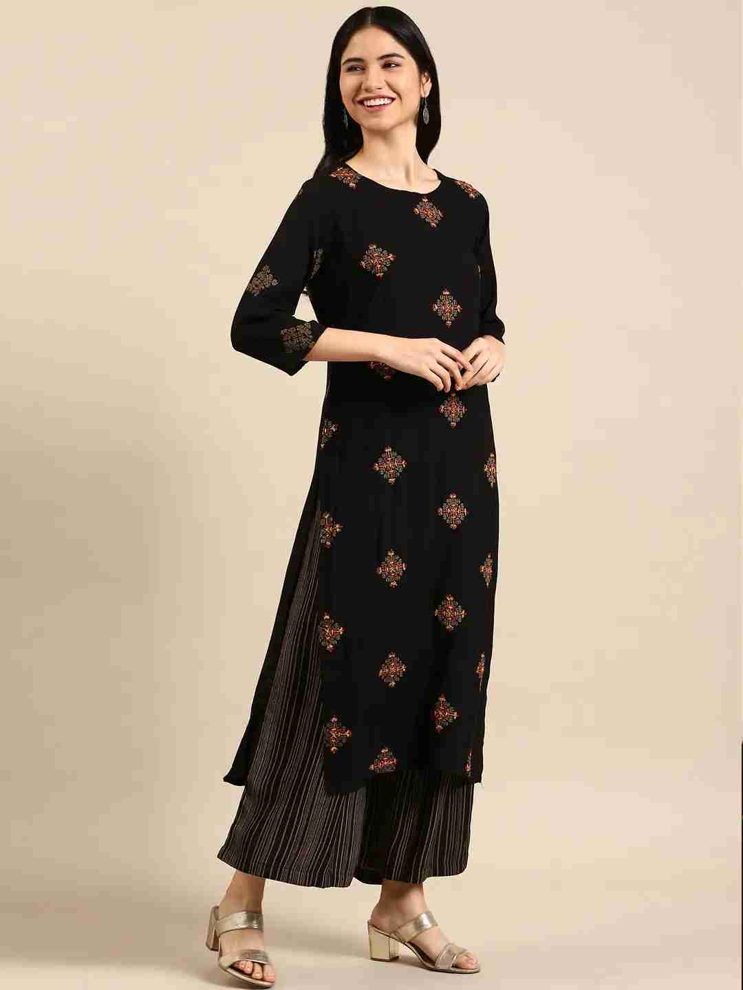 Women's Black Cotton Blend Printed Comfort Fit Kurta Sets