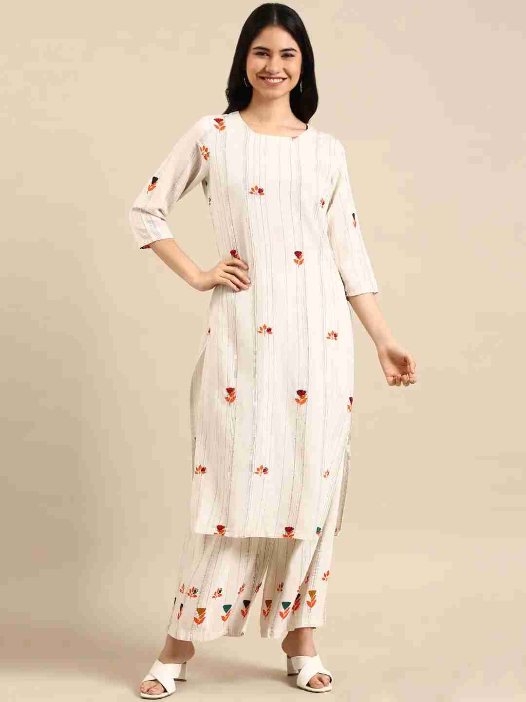 Women's White Cotton Blend Striped Comfort Fit Kurta Sets
