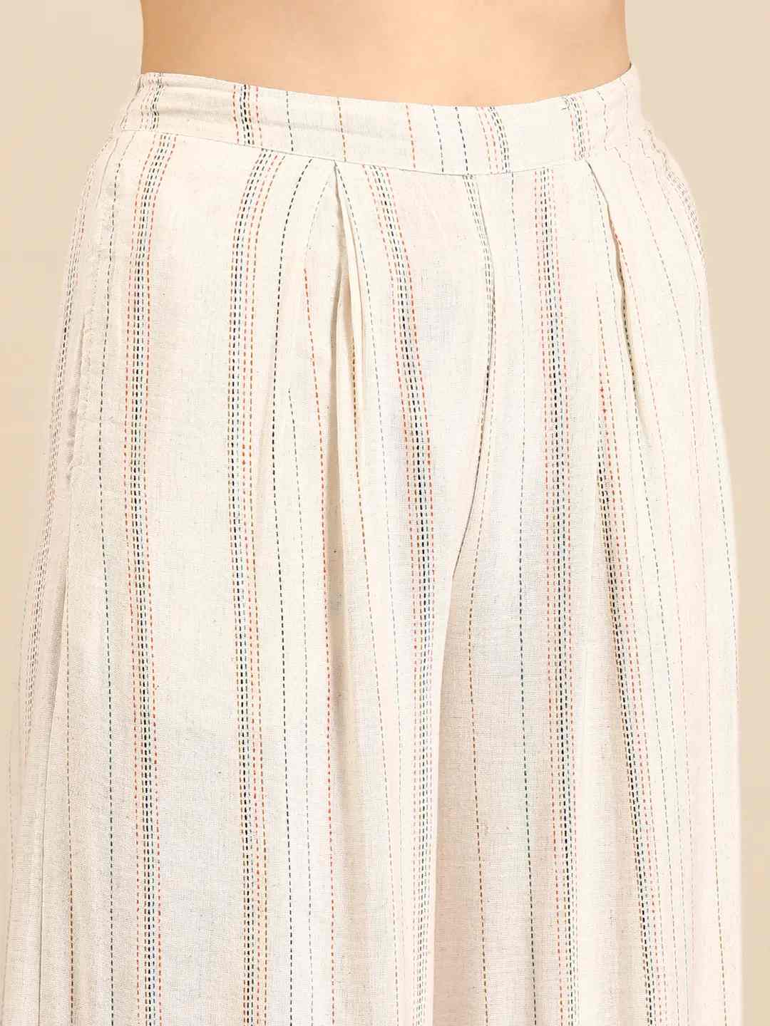 Women's White Cotton Blend Striped Comfort Fit Kurta Sets