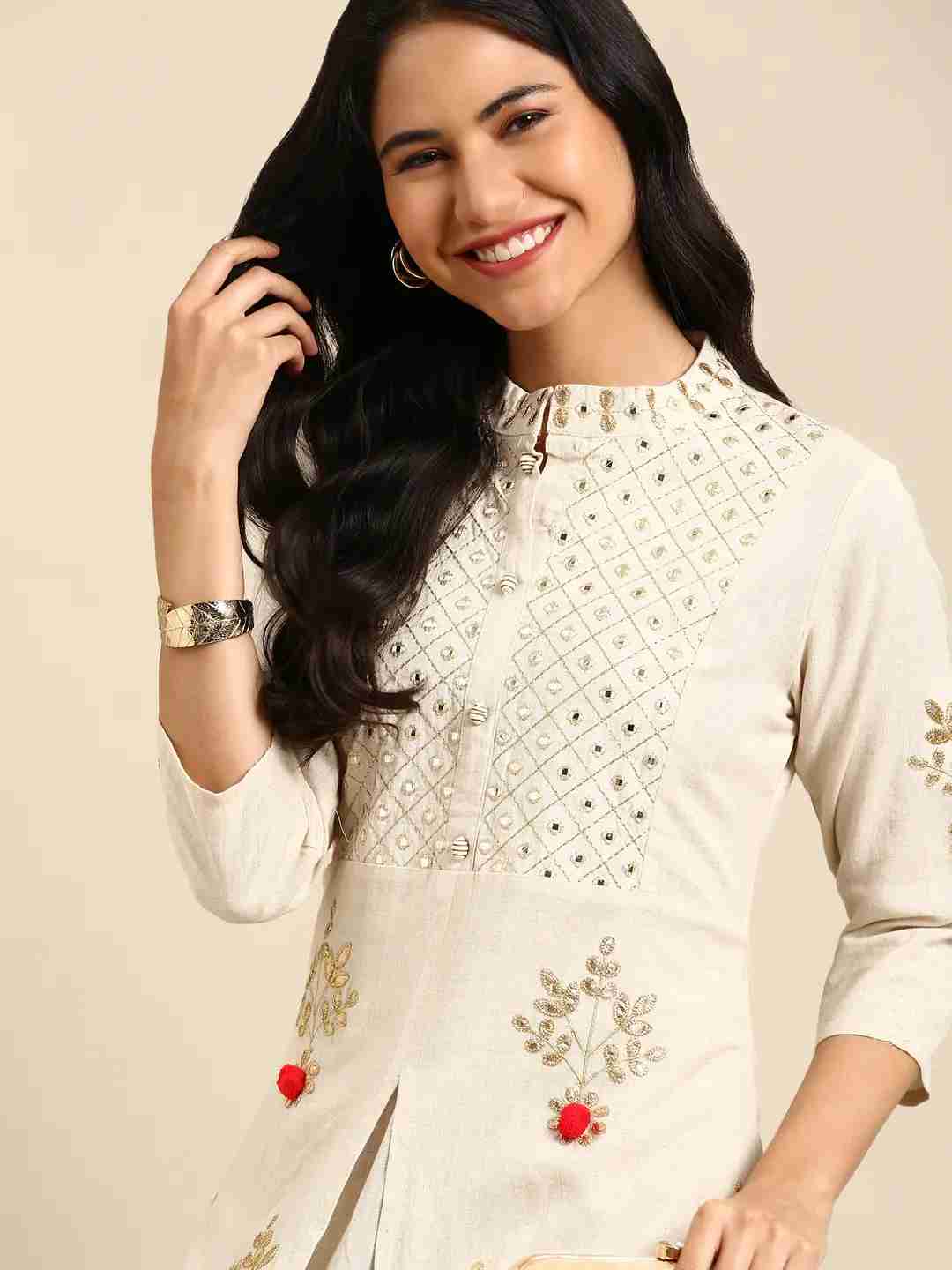 Women's White Cotton Embellished Comfort Fit Kurtas