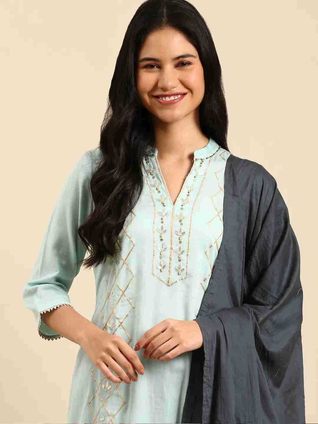 SHOWOFF Women's Mandarin Collar Blue Straight Kurta Sets