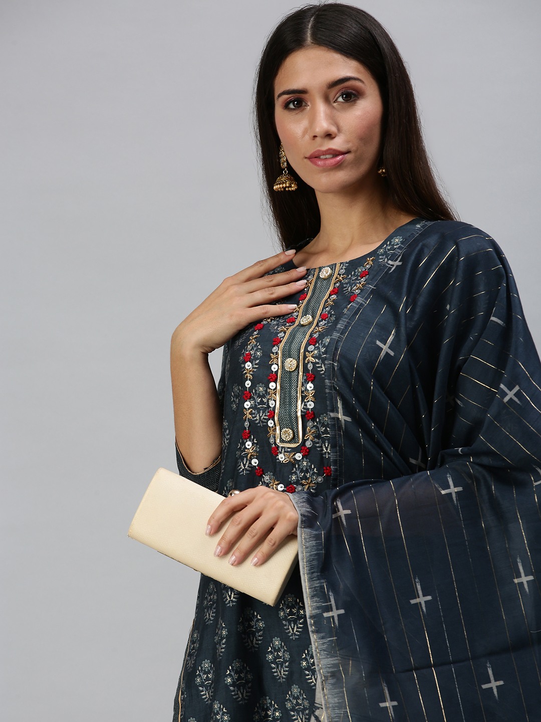 Showoff Women's Straight Calf Length Kurta and Palazzos With Dupatta