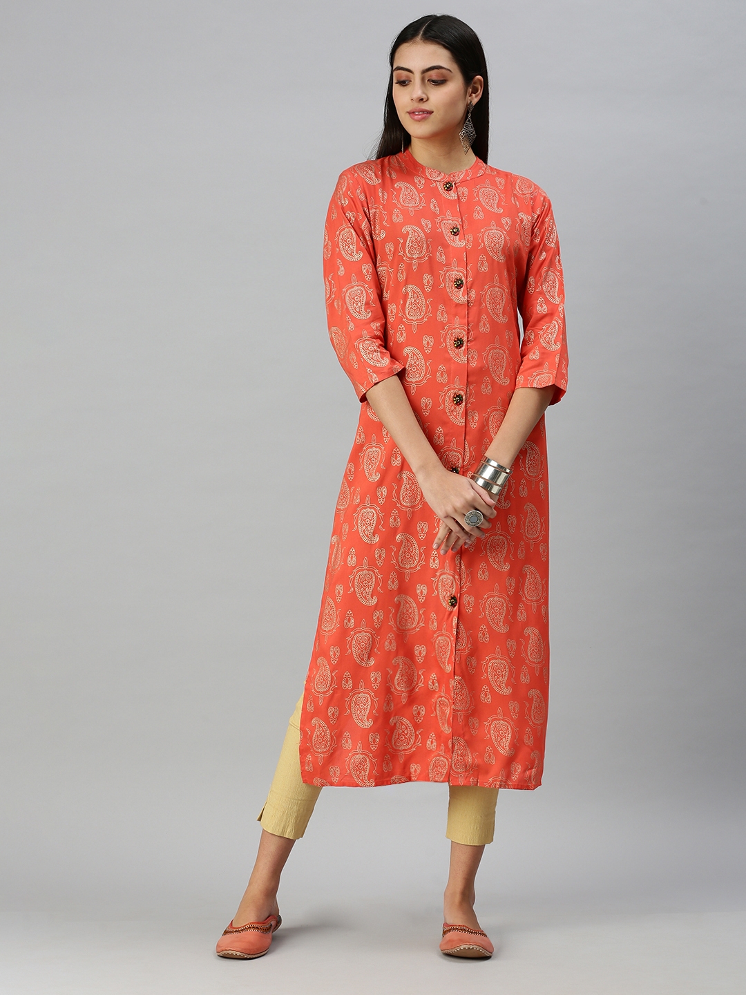 SHOWOFF Women Peach Ethnic Motifs Mandarin Collar Three-Quarter Sleeves Mid Length Straight Kurta
