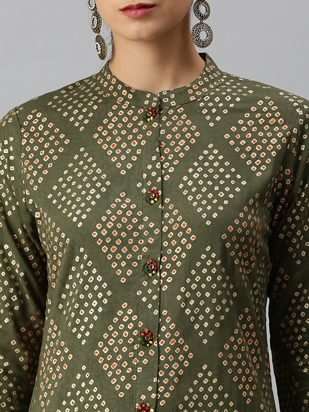 SHOWOFF Women Green Bandhani Mandarin Collar Three-Quarter Sleeves Long Straight Kurta
