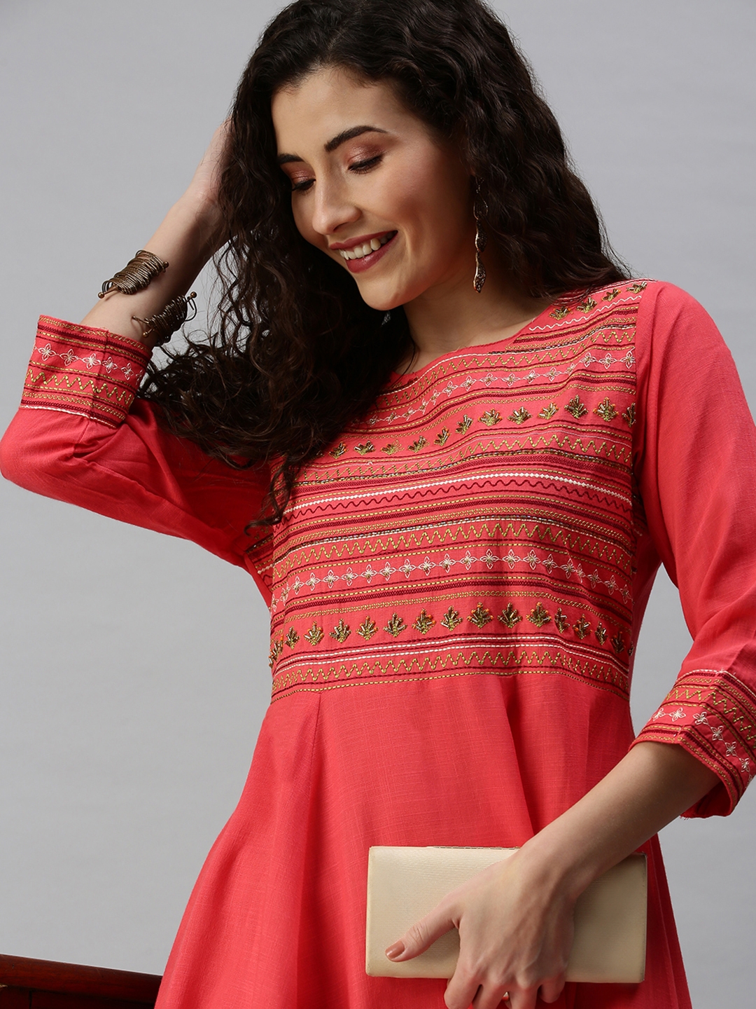 Showoff Women's Casual Pink Ankle Length Striped Kurta