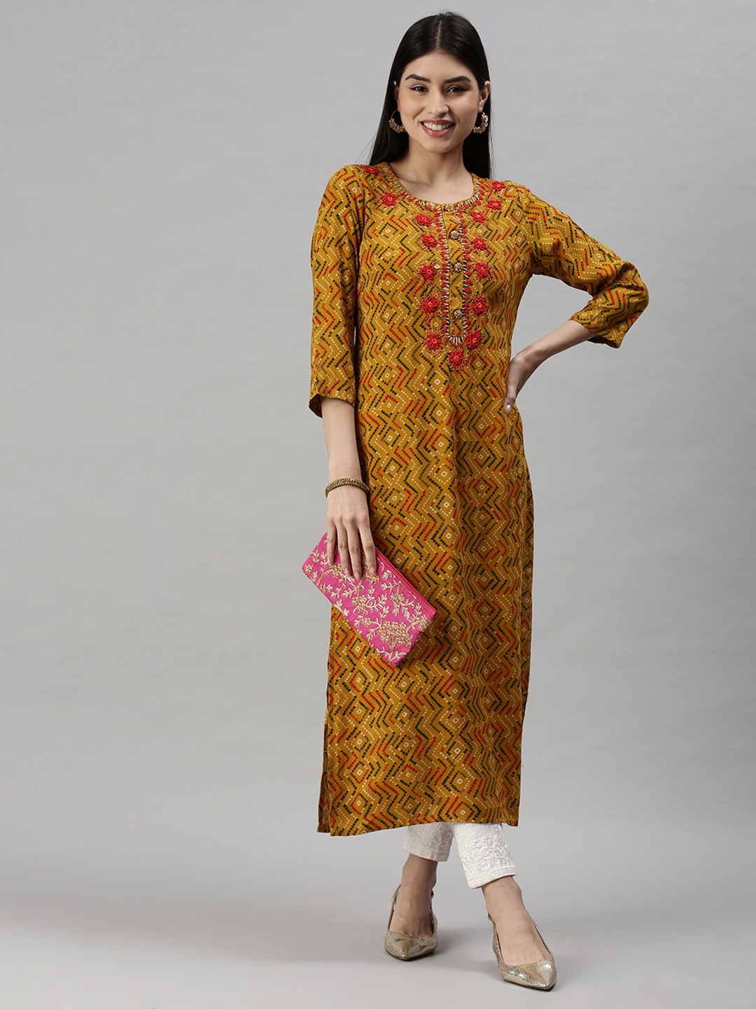 Women's Yellow Cotton Blend Printed Regular Kurtas