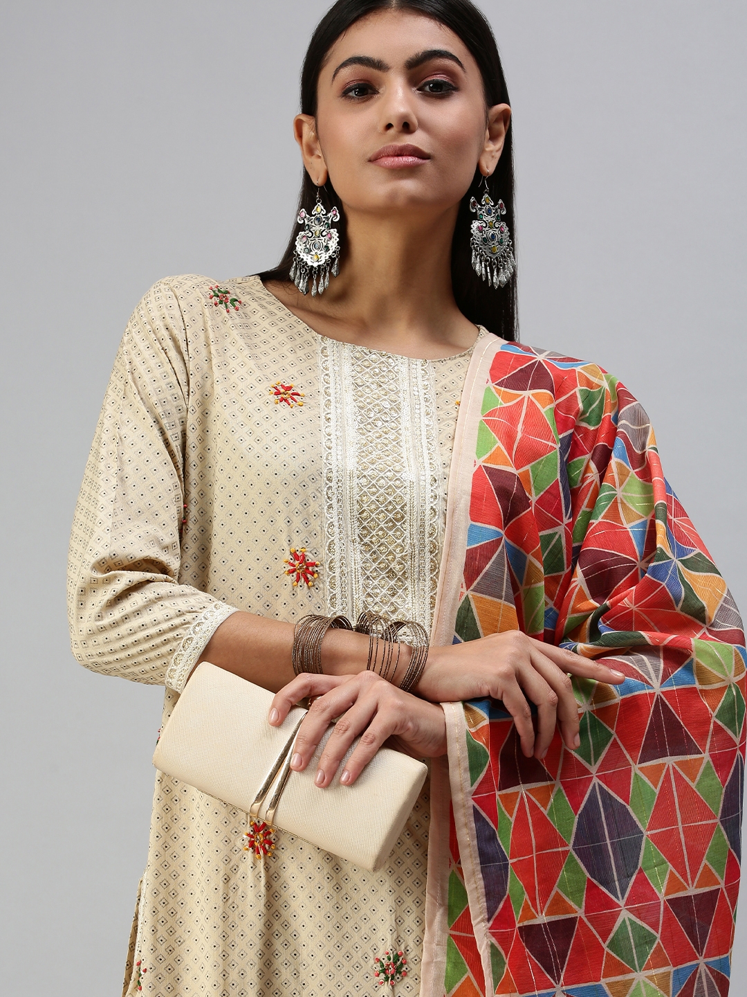 Women's Beige Cotton Blend Printed Regular Kurta Sets