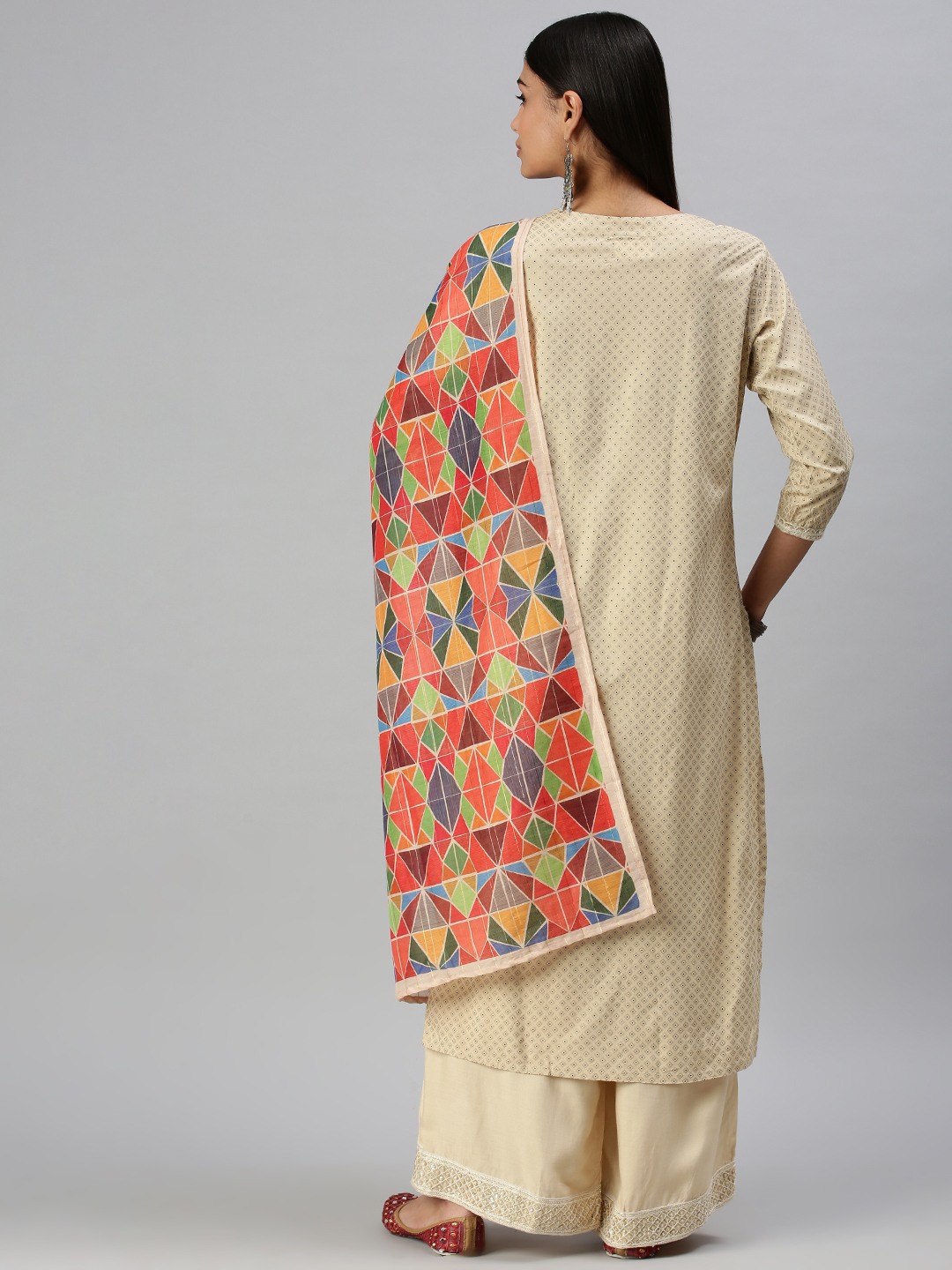 Women's Beige Cotton Blend Printed Regular Kurta Sets