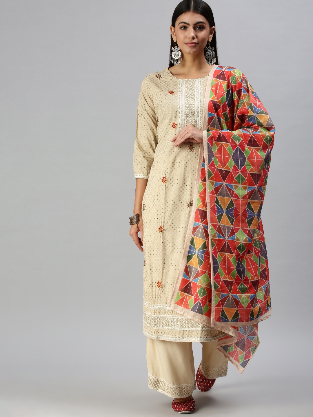 Women's Beige Cotton Blend Printed Regular Kurta Sets