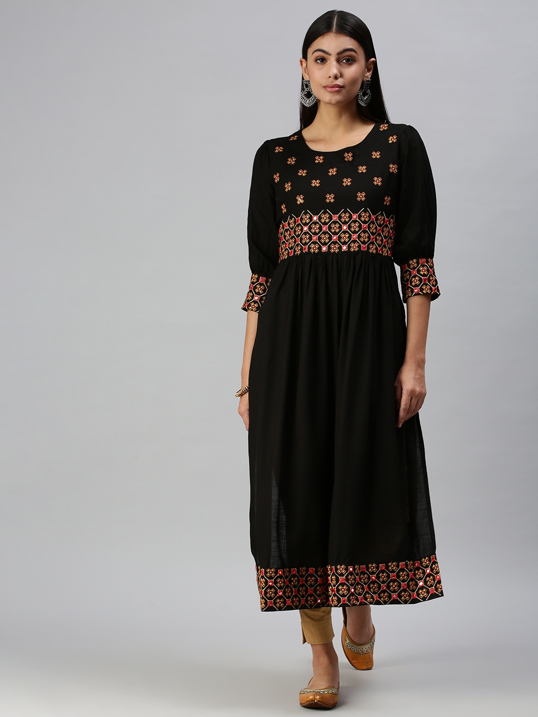 Women's Black Cotton Blend Embroidered Regular Kurtas