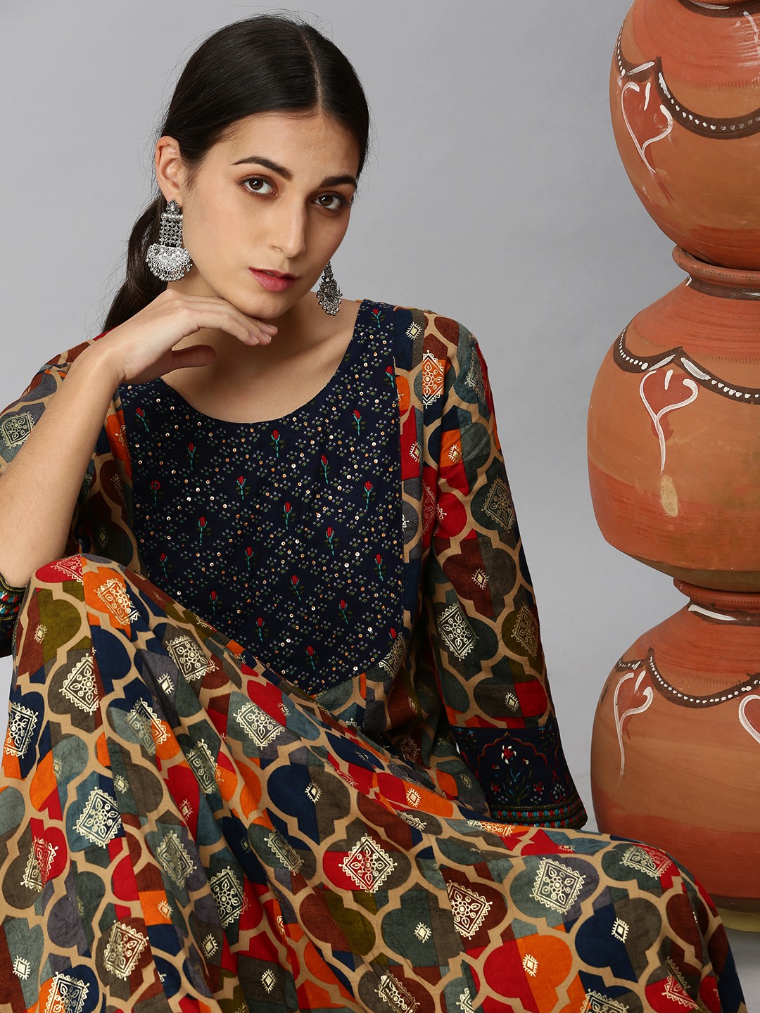 Showoff Women Cotton Blend Multi-Coloured Printed Ethnic Motifs Anarkali Kurta