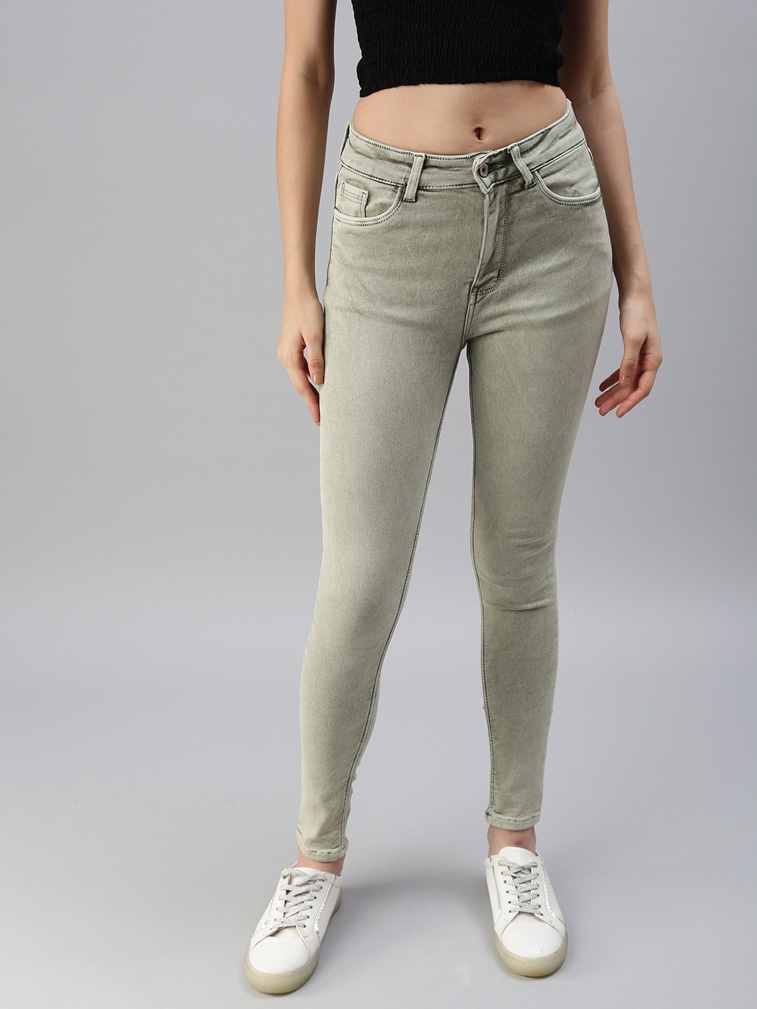 Women's Green Denim Solid Jeans