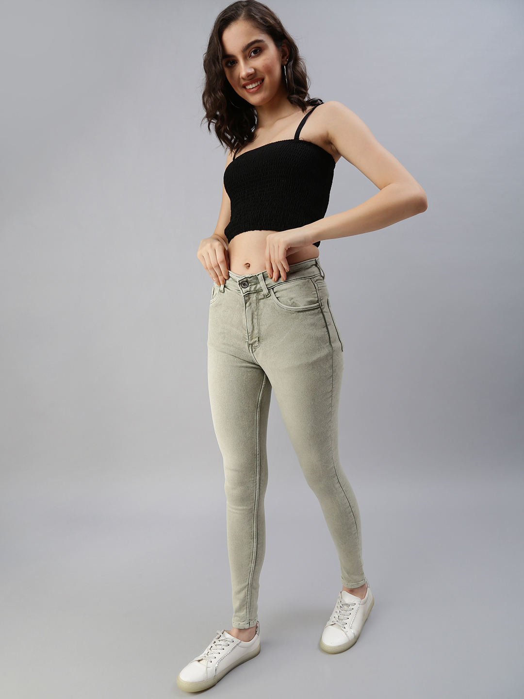 Women's Green Denim Solid Jeans