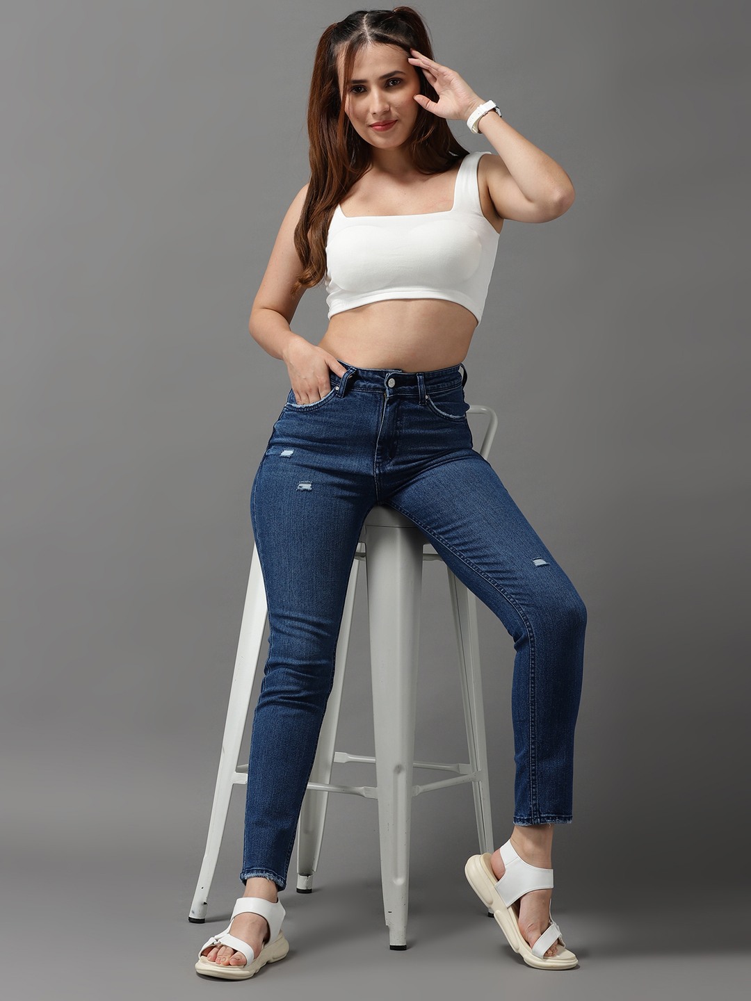 Women's Blue Denim Solid Jeans