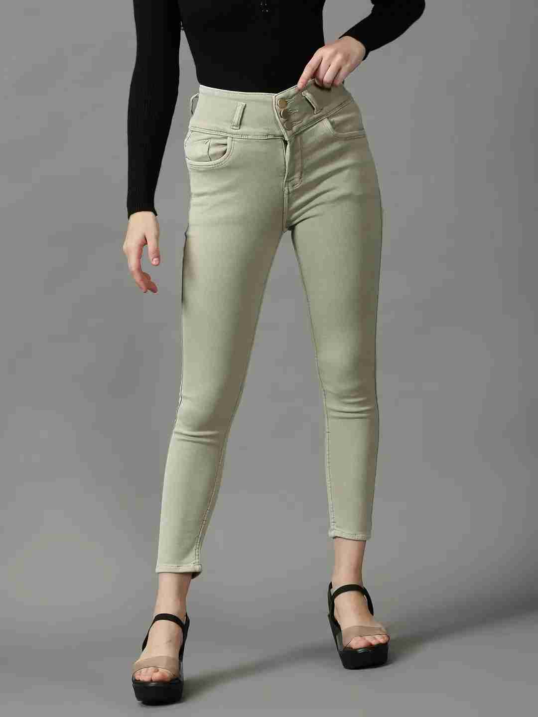 Women's Green Denim Solid Jeans